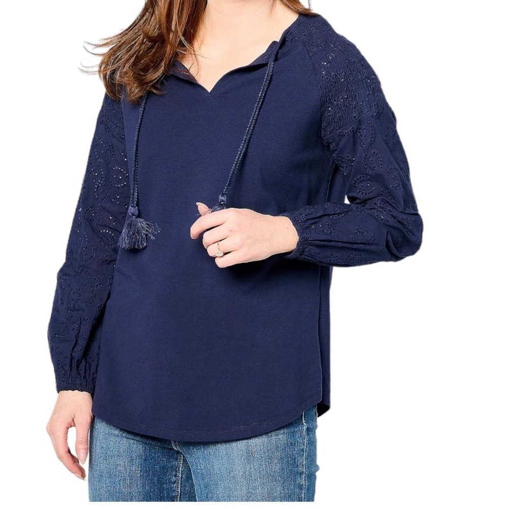 Belle by Kim Gravel Eyelet Everything Mixed Media Top Twilight Navy Large